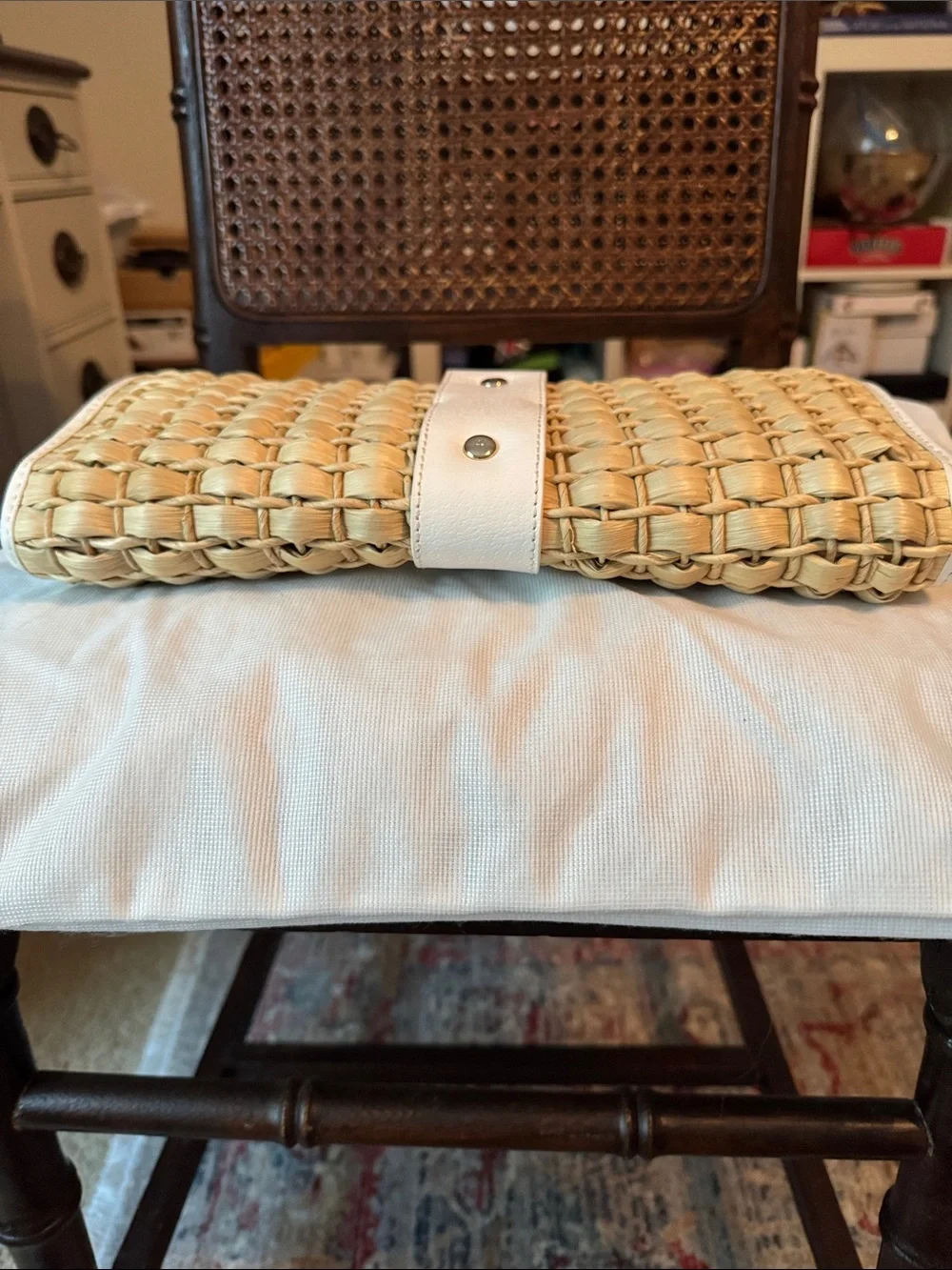 Vintage kate spade Natural Straw Clutch with White Leather Trim and Turn-Lock